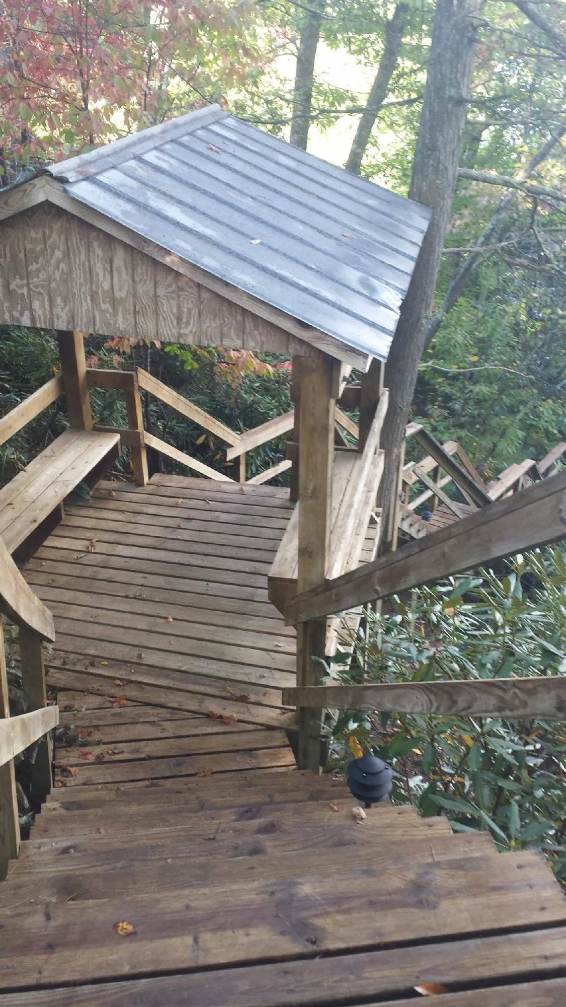 Metal roofed shelter over wooden steps on a wooded walkway — Skylight Repair & Installation work by our crew in Tyrone